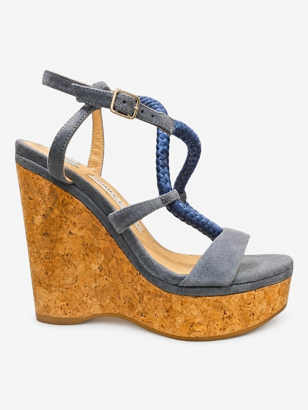 JIMMY CHOO | Wynwood 130 Blue Suede Strappy Platform Cork Wedge Sandals EU 36